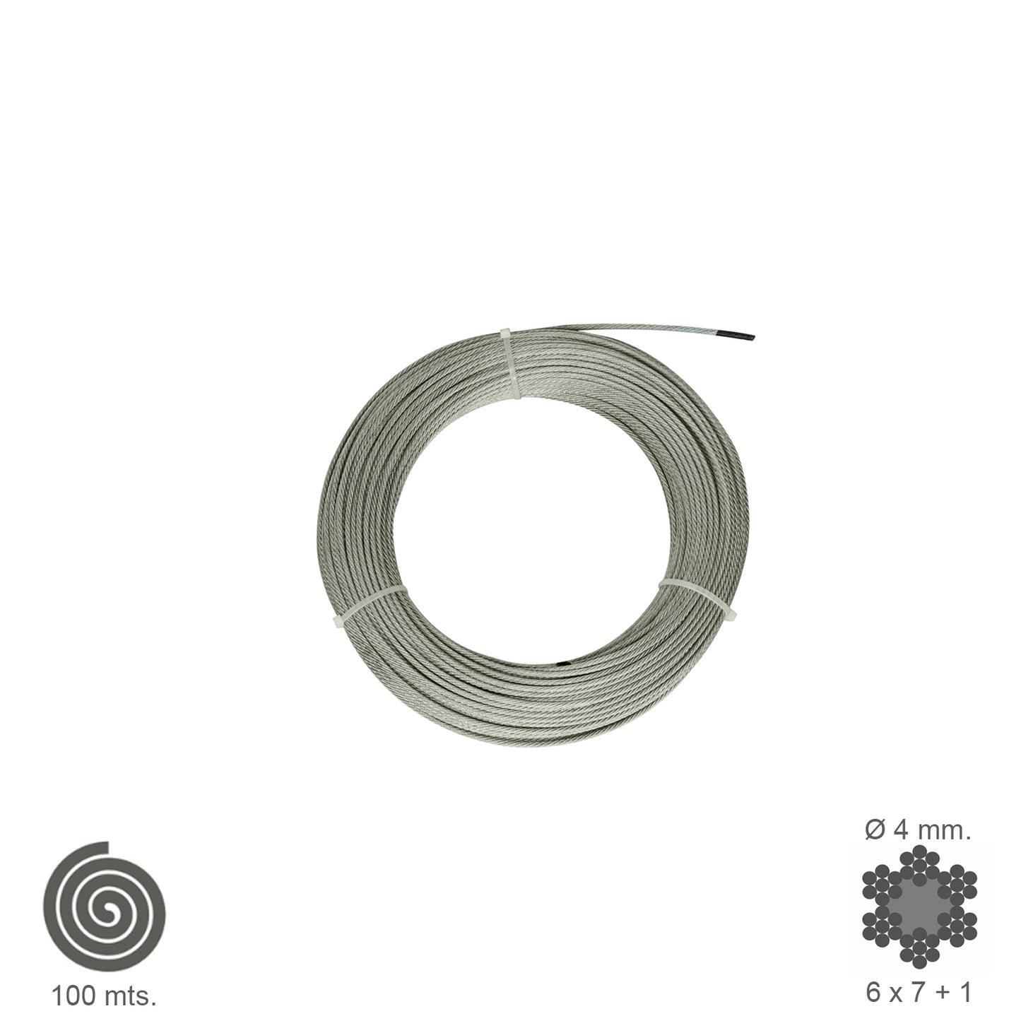 Cable galvanizado. <br />- Medida: 3 mm. 6 x 7+1.<br />- Rollo 100 metros.<br />- No apto para elevación.<br />- Para usos generales y fundamentalmente se emplean en trabajos de poca responsabilidad como bricolaje, tirantes, mecanismos de escasa potenci