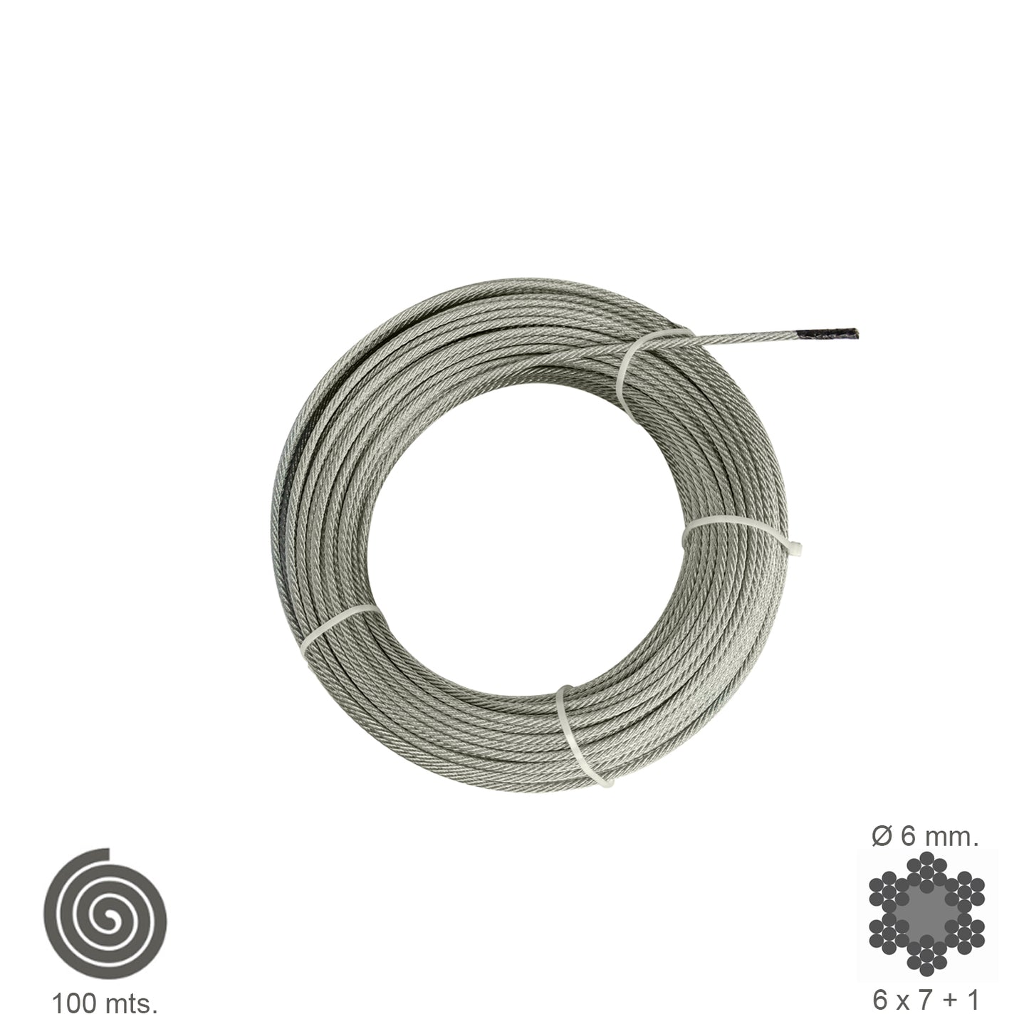 Cable galvanizado. <br />- Medida: 5 mm. 6 x 7+1.<br />- Rollo 100 metros.<br />- No apto para elevación.<br />- Para usos generales y fundamentalmente se emplean en trabajos de poca responsabilidad como bricolaje, tirantes, mecanismos de escasa potencia