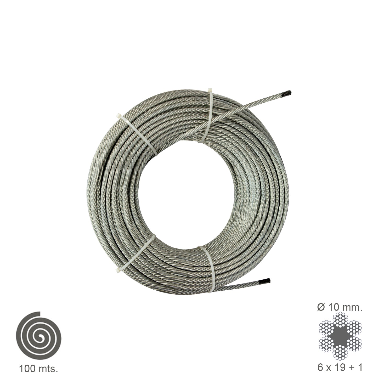 Cable galvanizado. <br />- Medida: 8 mm. 6 x 19+1.<br />- Rollo 100 metros.<br />- No apto para elevación.<br />- Para usos generales y fundamentalmente se emplean en trabajos de poca responsabilidad como bricolaje, tirantes, mecanismos de escasa potenci