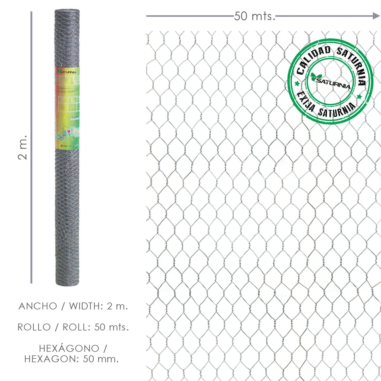 Enrejado triple torsion uso domestico.<br />- Medidas: <br /> > Tamaño de luces/agujero: 50 mm.<br /> > Altura: 150 cm.<br /> > Rollo de 50 metros lineales.<br /><br />- Es un