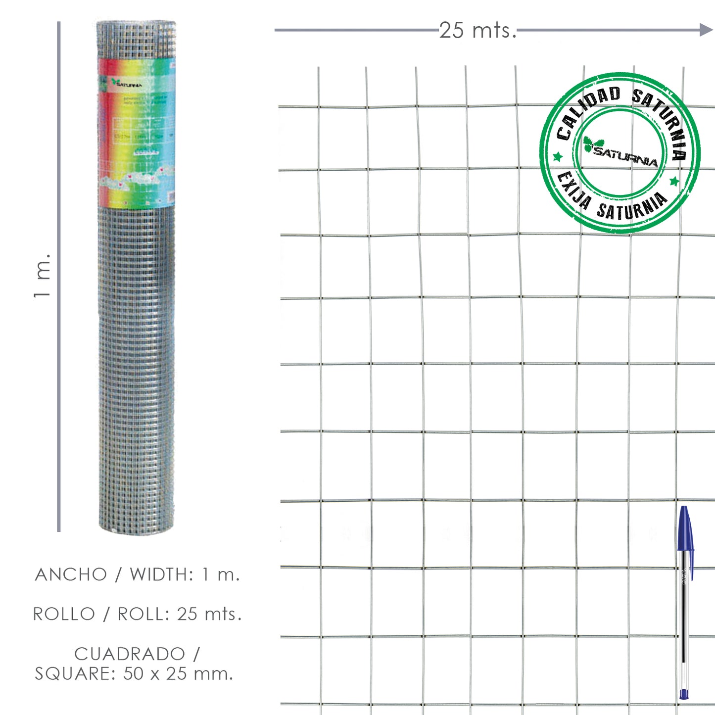 Malla soldada galvanizada antes de soldar.<br />- Medidas: <br /> > Tamaño de luces/agujero: 25x25 mm.<br /> > Altura: 100 cm.<br /> > Diámetro alambre: 1.60 mm.<br />