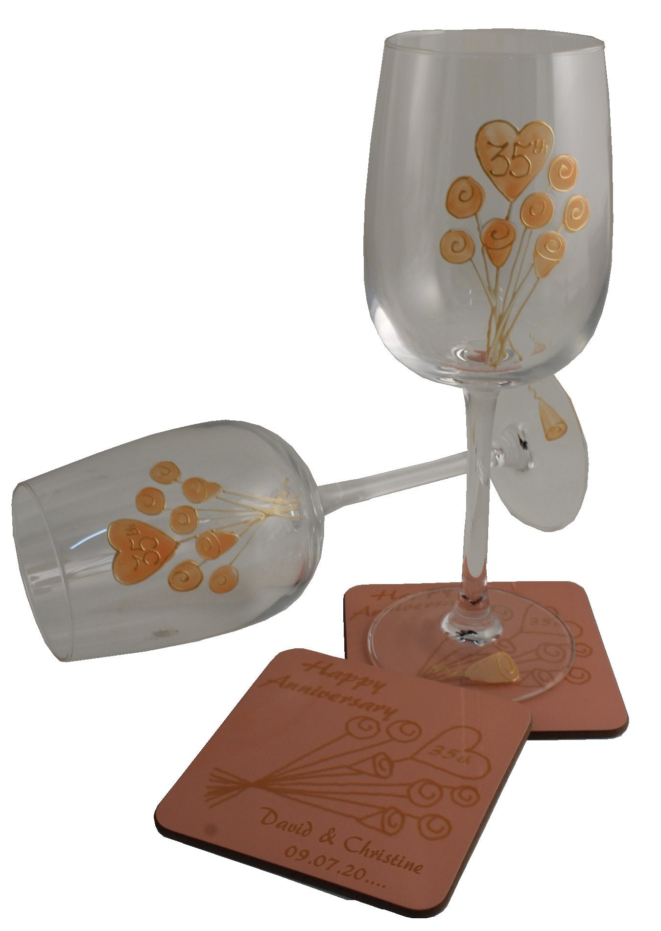 Personalised 35th Wedding Anniversary Wine Glasses & Coaster Gift Set Flower