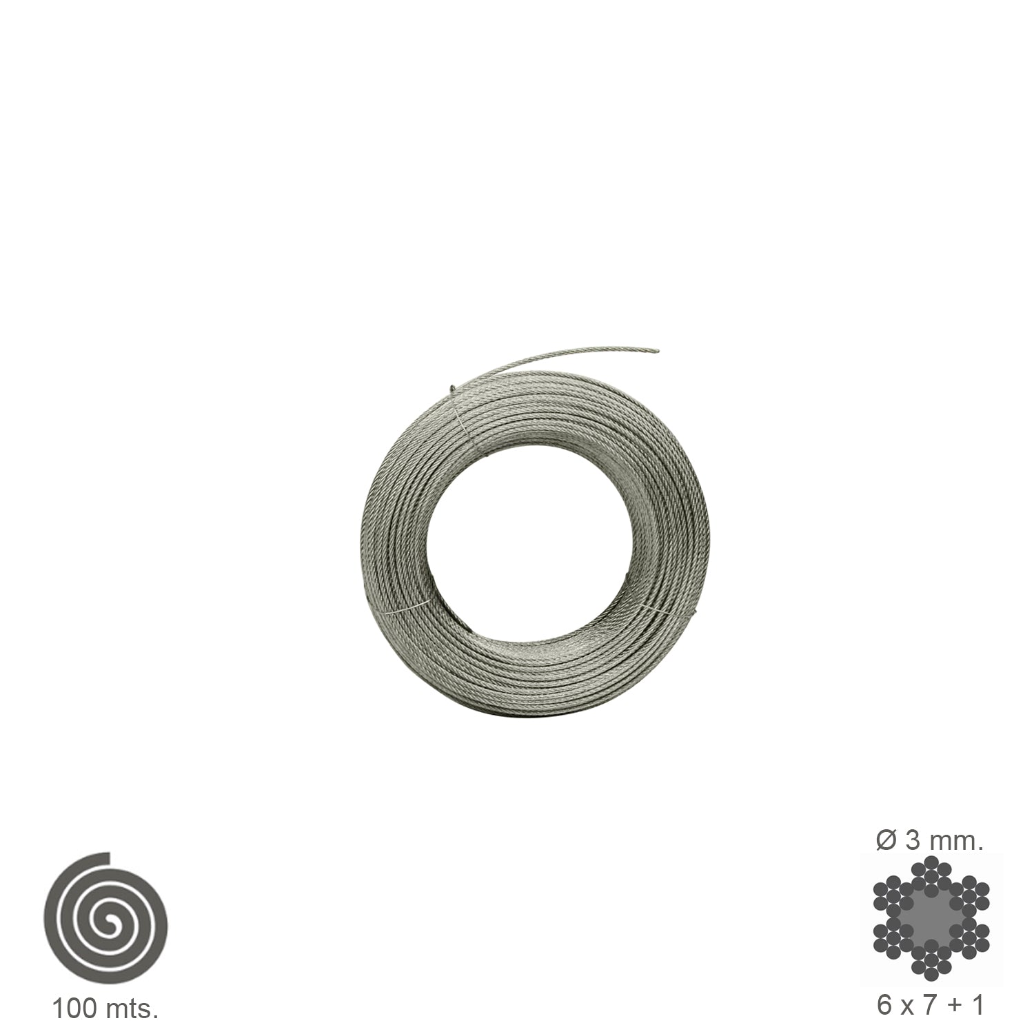 Cable galvanizado. <br />- Medida: 2 mm. 6 x 7+1.<br />- Rollo 100 metros.<br />- No apto para elevaciÃ³n.<br />- Para usos generales y fundamentalmente se emplean en trabajos de poca responsabilidad como bricolaje, tirantes, mecanismos de escasa potencia