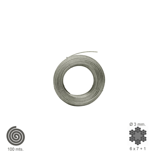 Cable galvanizado. <br />- Medida: 2 mm. 6 x 7+1.<br />- Rollo 100 metros.<br />- No apto para elevaciÃ³n.<br />- Para usos generales y fundamentalmente se emplean en trabajos de poca responsabilidad como bricolaje, tirantes, mecanismos de escasa potencia
