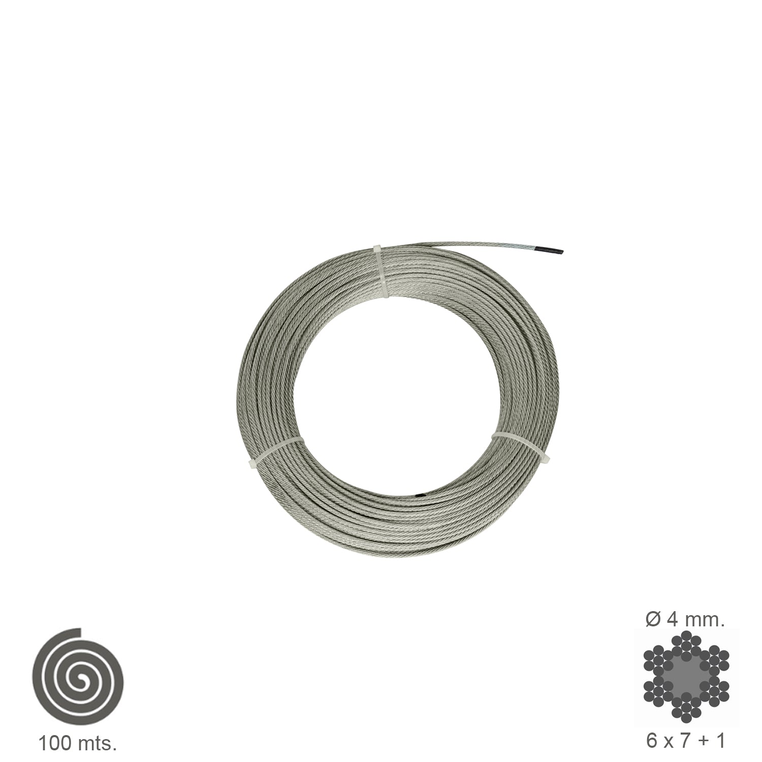 Cable galvanizado. <br />- Medida: 3 mm.  6 x 7+1.<br />- Rollo 100 metros.<br />- No apto para elevaciÃ³n.<br />- Para usos generales y fundamentalmente se emplean en trabajos de poca responsabilidad como bricolaje, tirantes, mecanismos de escasa potenci