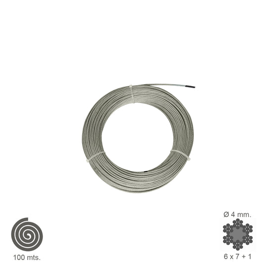 Cable galvanizado. <br />- Medida: 3 mm.  6 x 7+1.<br />- Rollo 100 metros.<br />- No apto para elevaciÃ³n.<br />- Para usos generales y fundamentalmente se emplean en trabajos de poca responsabilidad como bricolaje, tirantes, mecanismos de escasa potenci