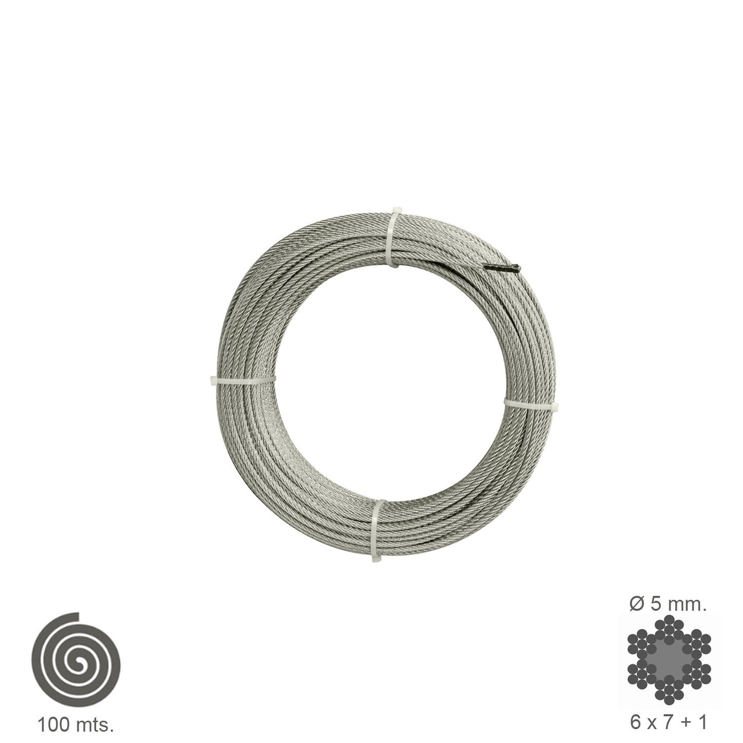 Cable galvanizado. <br />- Medida: 4 mm. 6 x 7+1.<br />- Rollo 100 metros.<br />- No apto para elevaciÃ³n.<br />- Para usos generales y fundamentalmente se emplean en trabajos de poca responsabilidad como bricolaje, tirantes, mecanismos de escasa potencia