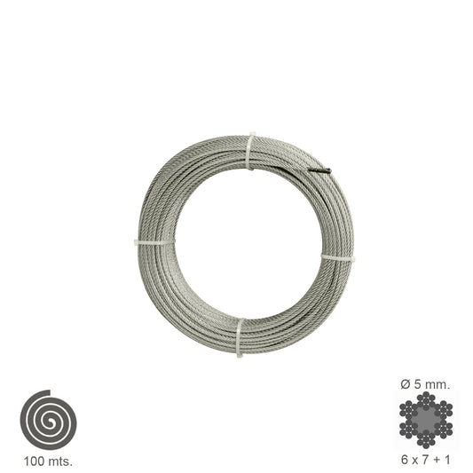 Cable galvanizado. <br />- Medida: 4 mm. 6 x 7+1.<br />- Rollo 100 metros.<br />- No apto para elevaciÃ³n.<br />- Para usos generales y fundamentalmente se emplean en trabajos de poca responsabilidad como bricolaje, tirantes, mecanismos de escasa potencia
