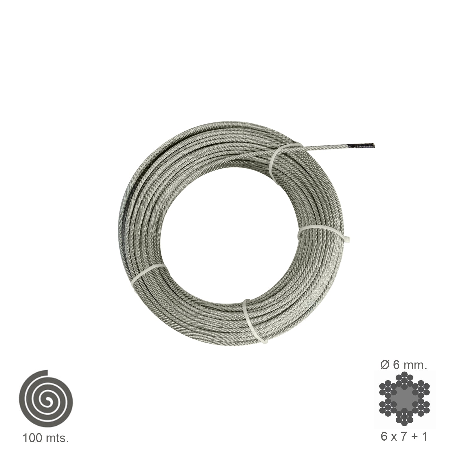 Cable galvanizado. <br />- Medida: 5 mm. 6 x 7+1.<br />- Rollo 100 metros.<br />- No apto para elevaciÃ³n.<br />- Para usos generales y fundamentalmente se emplean en trabajos de poca responsabilidad como bricolaje, tirantes, mecanismos de escasa potencia