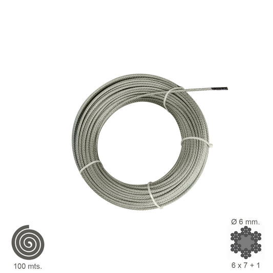 Cable galvanizado. <br />- Medida: 5 mm. 6 x 7+1.<br />- Rollo 100 metros.<br />- No apto para elevaciÃ³n.<br />- Para usos generales y fundamentalmente se emplean en trabajos de poca responsabilidad como bricolaje, tirantes, mecanismos de escasa potencia