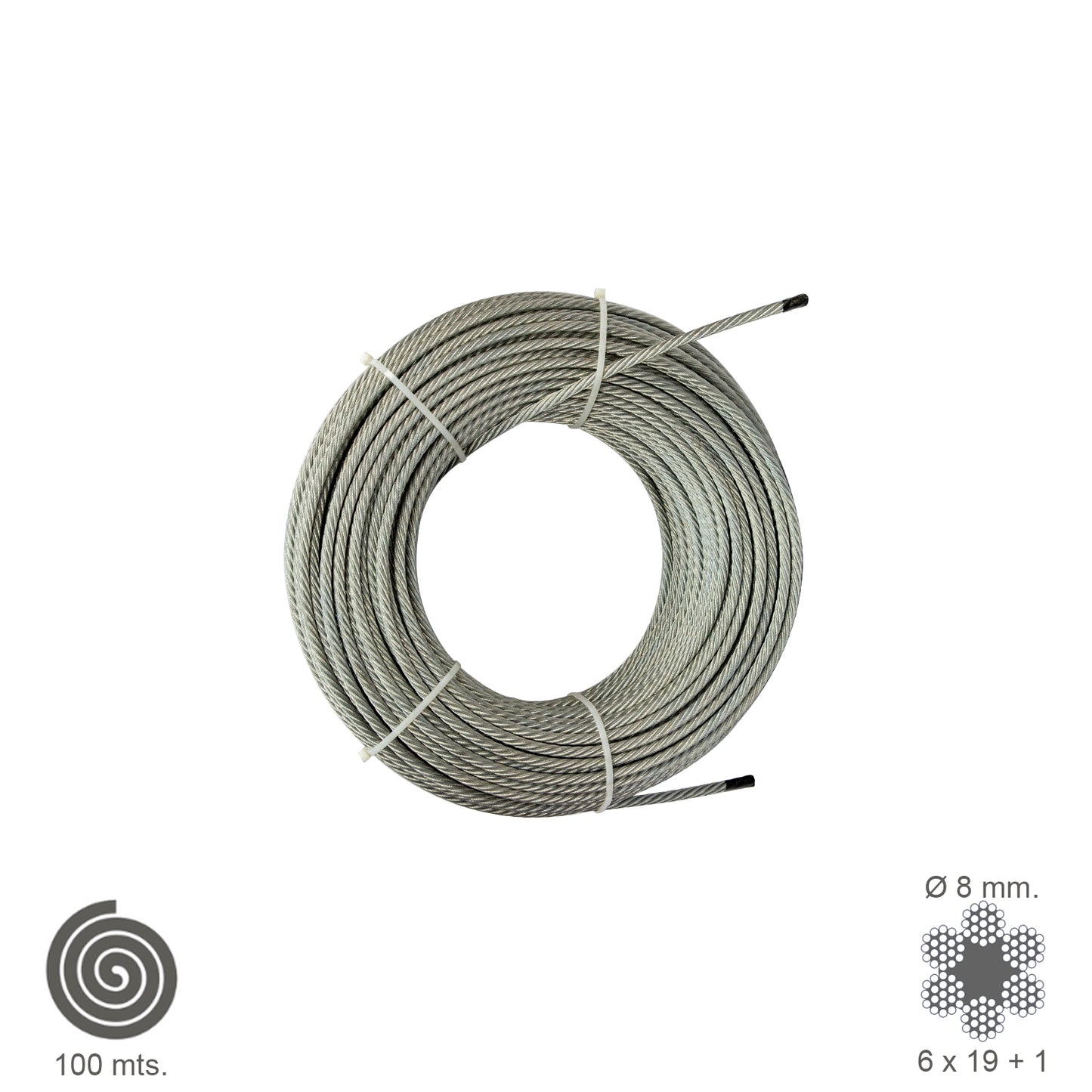 Cable galvanizado. <br />- Medida: 6 mm.6 x 7+1.<br />- Rollo 100 metros.<br />- No apto para elevaciÃ³n.<br />- Para usos generales y fundamentalmente se emplean en trabajos de poca responsabilidad como bricolaje, tirantes, mecanismos de escasa potencia,