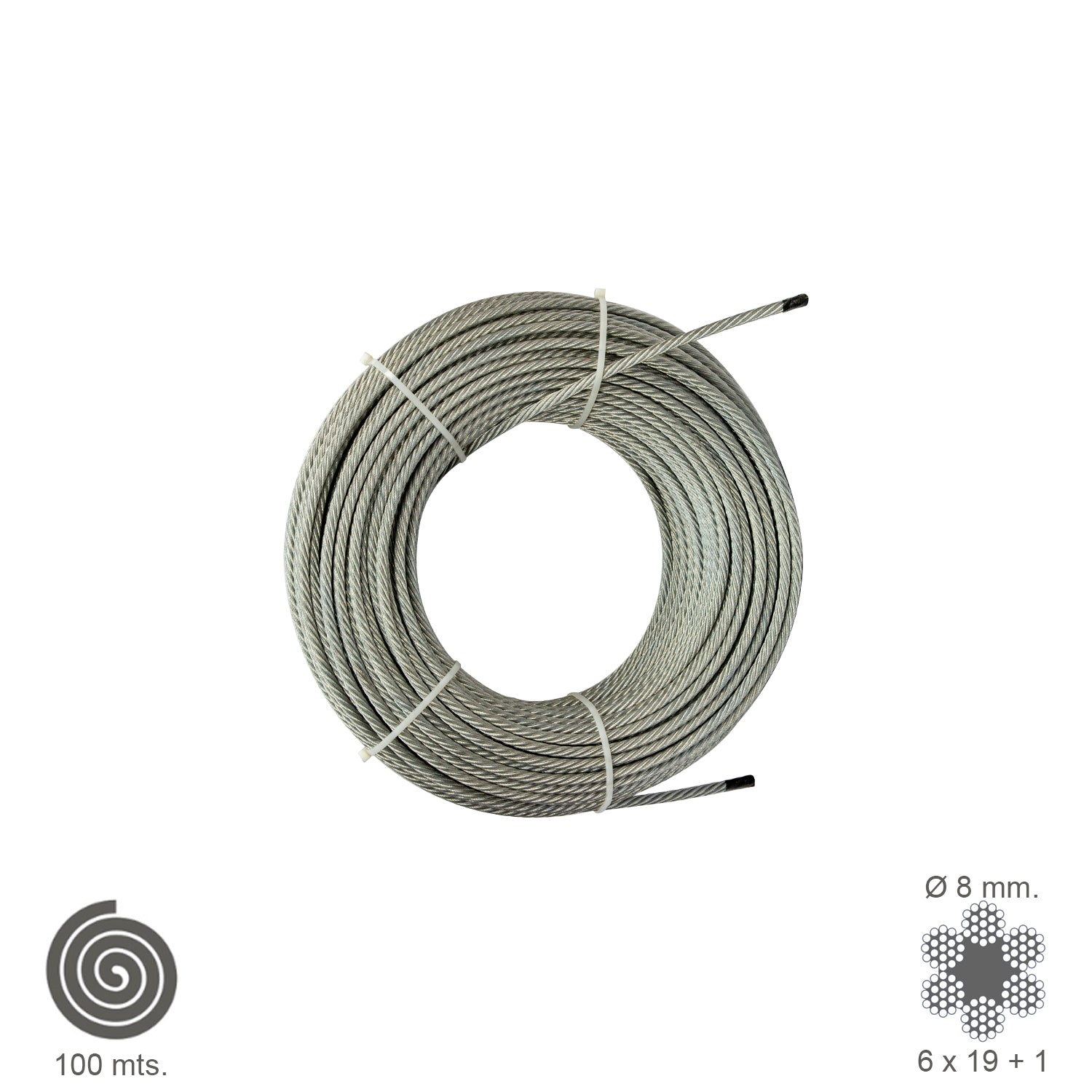 Cable galvanizado. <br />- Medida: 6 mm.6 x 7+1.<br />- Rollo 100 metros.<br />- No apto para elevaciÃ³n.<br />- Para usos generales y fundamentalmente se emplean en trabajos de poca responsabilidad como bricolaje, tirantes, mecanismos de escasa potencia,