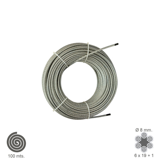 Cable galvanizado. <br />- Medida: 6 mm.6 x 7+1.<br />- Rollo 100 metros.<br />- No apto para elevaciÃ³n.<br />- Para usos generales y fundamentalmente se emplean en trabajos de poca responsabilidad como bricolaje, tirantes, mecanismos de escasa potencia,