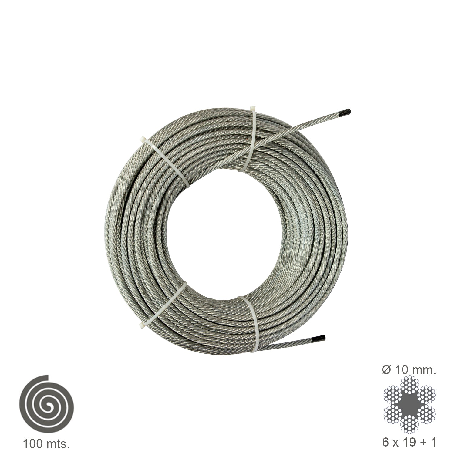 Cable galvanizado. <br />- Medida: 8 mm. 6 x 19+1.<br />- Rollo 100 metros.<br />- No apto para elevaciÃ³n.<br />- Para usos generales y fundamentalmente se emplean en trabajos de poca responsabilidad como bricolaje, tirantes, mecanismos de escasa potenci