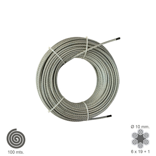 Cable galvanizado. <br />- Medida: 8 mm. 6 x 19+1.<br />- Rollo 100 metros.<br />- No apto para elevaciÃ³n.<br />- Para usos generales y fundamentalmente se emplean en trabajos de poca responsabilidad como bricolaje, tirantes, mecanismos de escasa potenci
