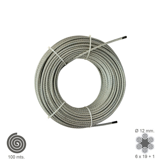Cable galvanizado. <br />- Medida: 10 mm. 6 x 19+1.<br />- Rollo 100 metros.<br />- No apto para elevaciÃ³n.<br />- Para usos generales y fundamentalmente se emplean en trabajos de poca responsabilidad como bricolaje, tirantes, mecanismos de escasa potenc