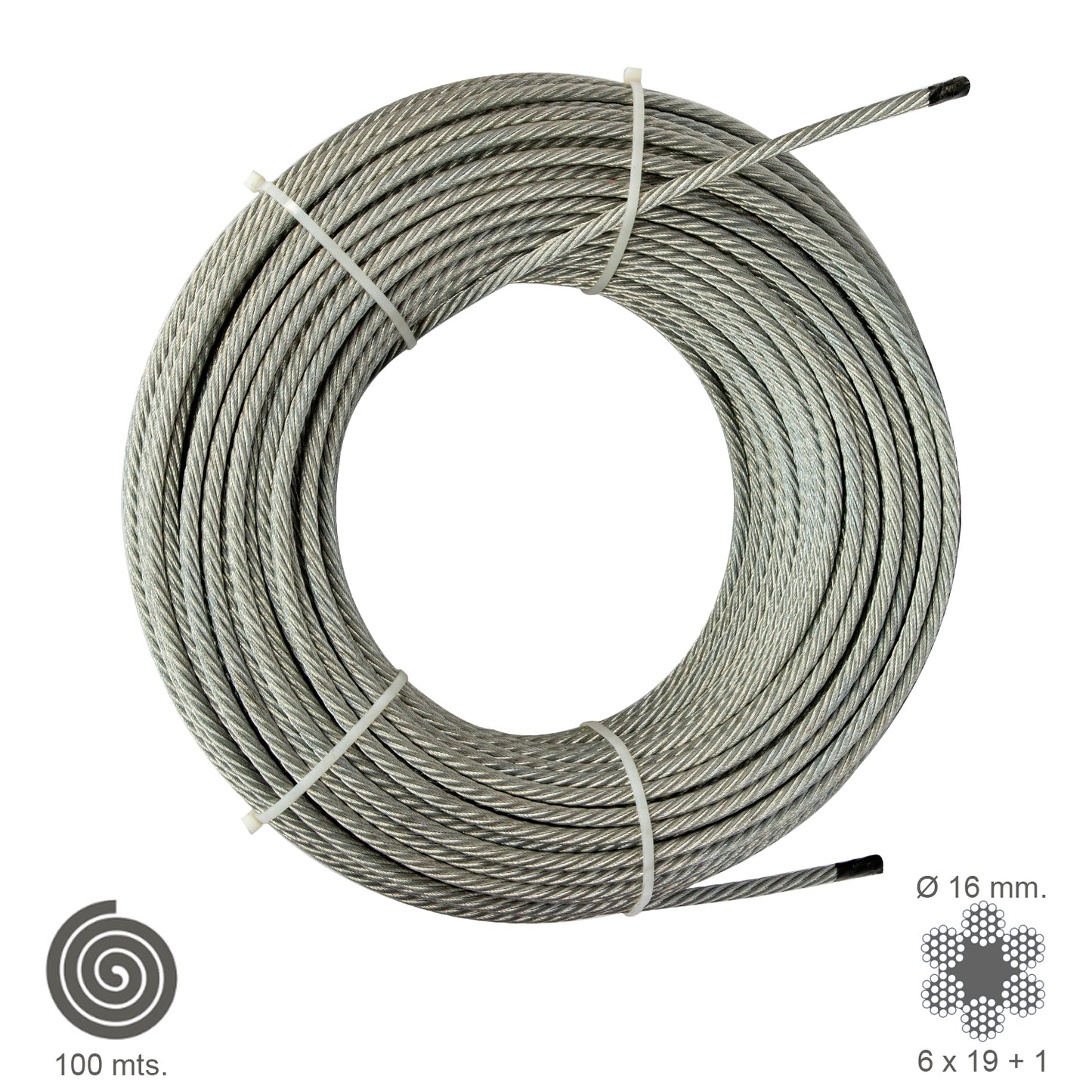 Cable galvanizado.<br />- Medida: 12 mm. 6x 19+1.<br />- Rollo 100 metros.<br />- No apto para elevaciÃ³n.<br />- Para usos generales y fundamentalmente se emplean en trabajos de poca responsabilidad como bricolaje, tirantes, mecanismos de escasa potencia