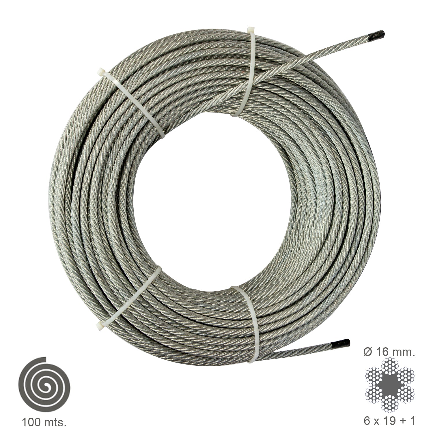 Cable galvanizado.<br />- Medida: 12 mm. 6x 19+1.<br />- Rollo 100 metros.<br />- No apto para elevaciÃ³n.<br />- Para usos generales y fundamentalmente se emplean en trabajos de poca responsabilidad como bricolaje, tirantes, mecanismos de escasa potencia