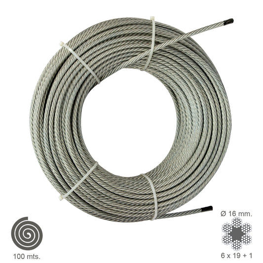 Cable galvanizado.<br />- Medida: 12 mm. 6x 19+1.<br />- Rollo 100 metros.<br />- No apto para elevaciÃ³n.<br />- Para usos generales y fundamentalmente se emplean en trabajos de poca responsabilidad como bricolaje, tirantes, mecanismos de escasa potencia