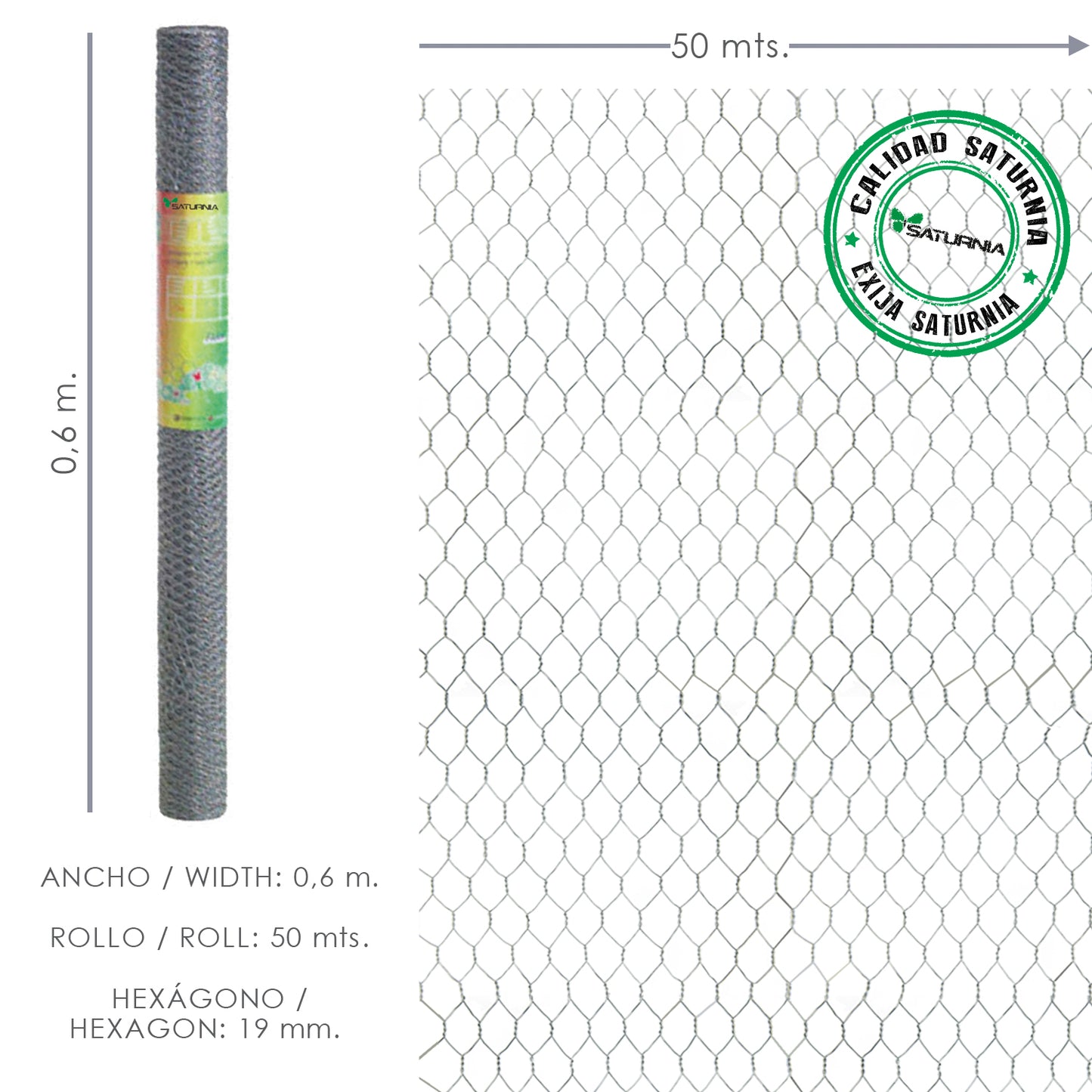 Enrejado triple torsion uso domestico.<br />- Medidas: <br />                           > TamaÃ±o de luces/agujero: 19 mm.<br />                           > Altura: 50 cm.<br />                           > Rollo de 50 metros lineales.<br /><br />- Es un e