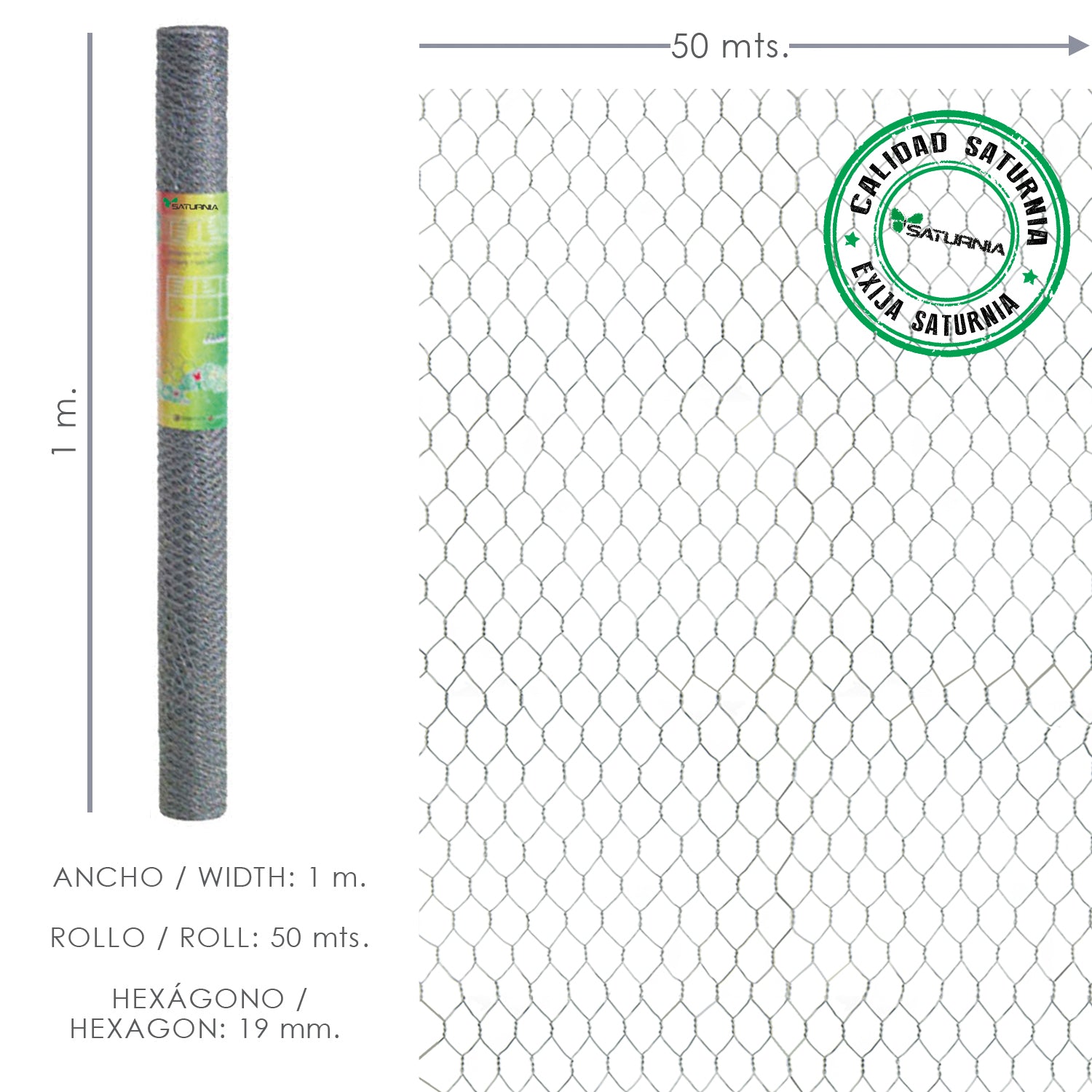 Enrejado triple torsion uso domestico.<br />- Medidas: <br />                           > TamaÃ±o de luces/agujero: 19 mm.<br />                           > Altura: 60 cm.<br />                           > Rollo de 50 metros lineales.<br /><br />- Es un e