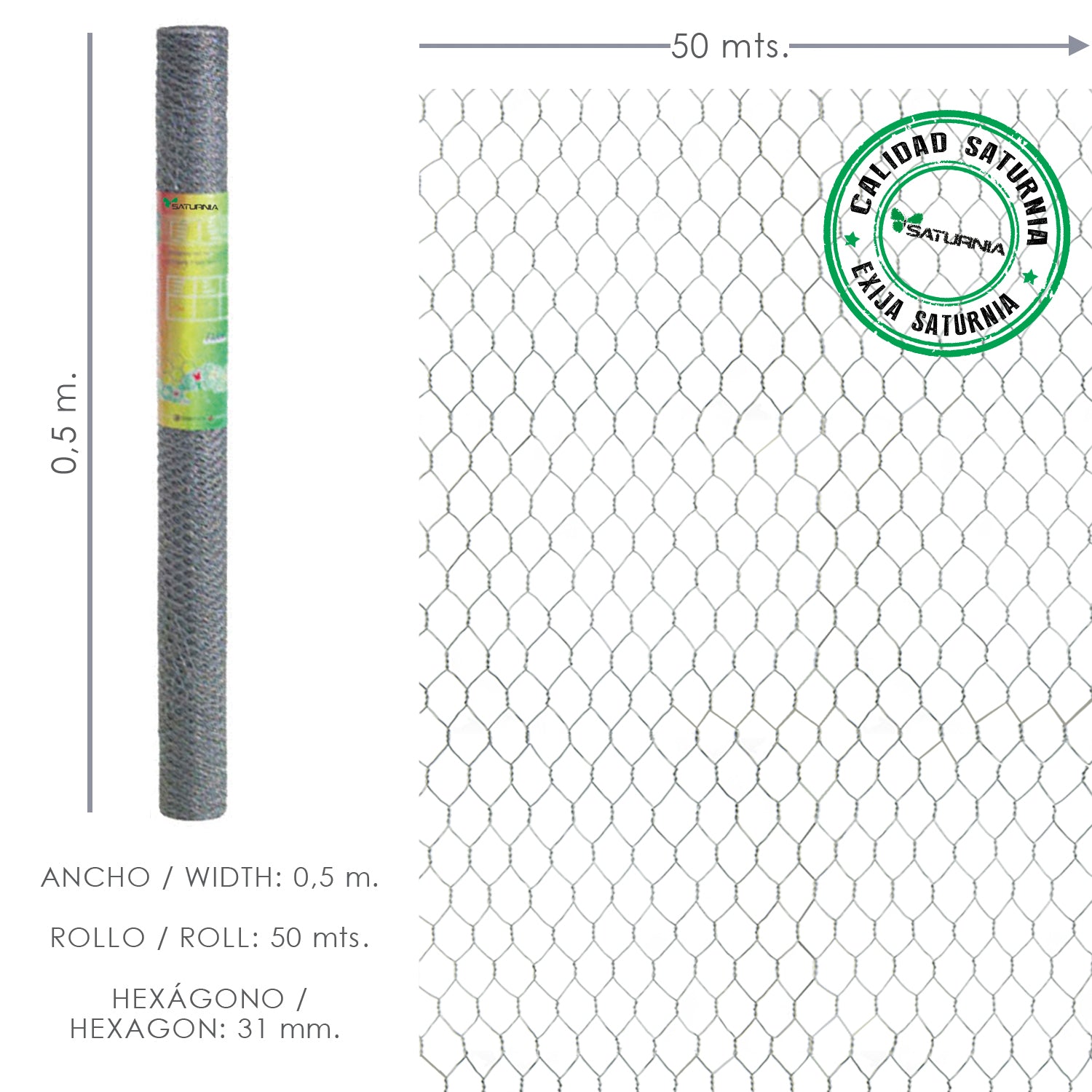 Enrejado triple torsion uso domestico.<br />- Medidas: <br />                           > TamaÃ±o de luces/agujero: 25 mm.<br />                           > Altura: 100 cm.<br />                           > Rollo de 50 metros lineales.<br /><br />- Es un 