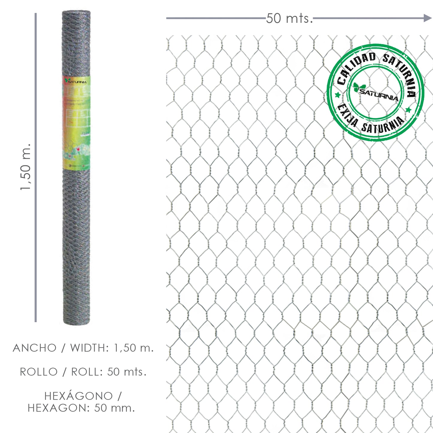 Enrejado triple torsion uso domestico.<br />- Medidas: <br />                           > TamaÃ±o de luces/agujero: 50 mm.<br />                           > Altura: 100 cm.<br />                           > Rollo de 50 metros lineales.<br /><br />- Es un 