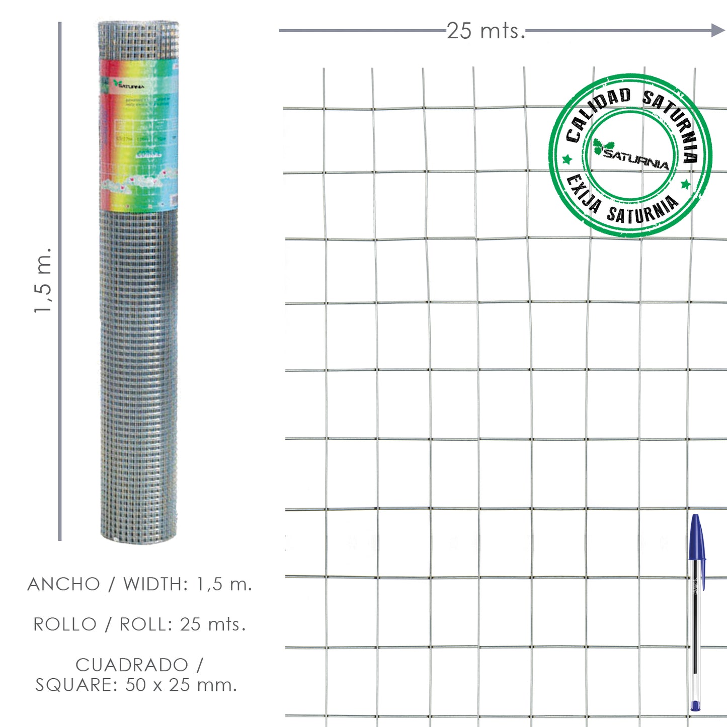 Malla soldada galvanizada antes de soldar.<br />- Medidas: <br />                         > TamaÃ±o de luces/agujero: 50x25 mm.<br />                         > Altura: 100 cm.<br />                         > DiÃ¡metro alambre: 2 mm.<br />                 