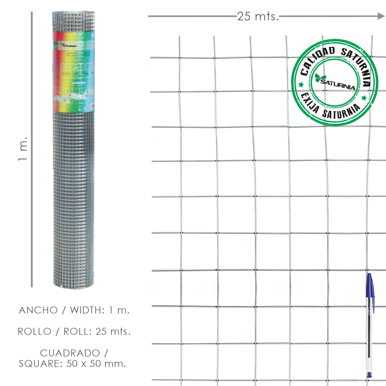 Malla soldada galvanizada antes de soldar.<br />- Medidas: <br />                         > TamaÃ±o de luces/agujero: 50x25 mm.<br />                         > Altura: 150 cm.<br />                         > DiÃ¡metro alambre: 2 mm.<br />                 