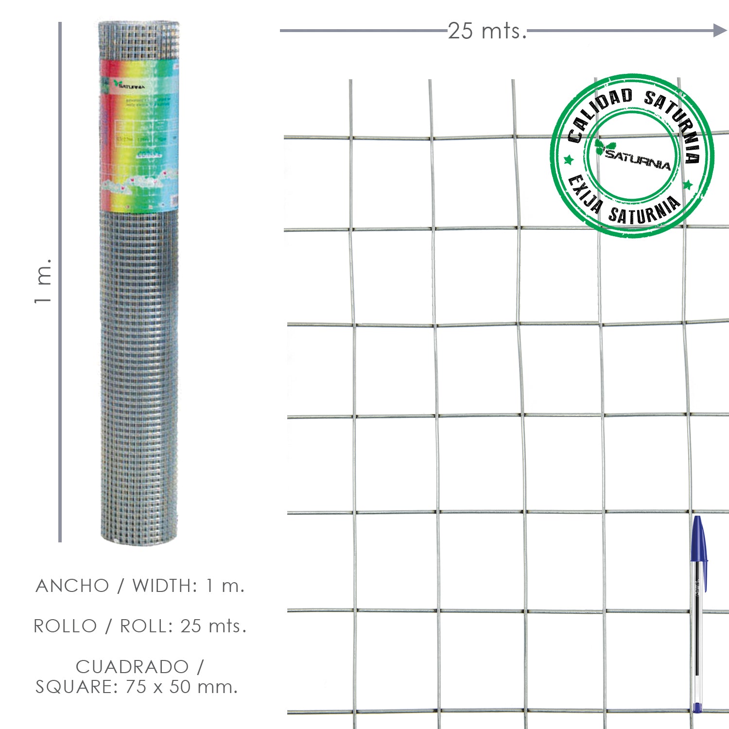 Malla soldada galvanizada antes de soldar.<br />- Medidas: <br />                         > TamaÃ±o de luces/agujero: 50x50 mm.<br />                         > Altura: 150 cm.<br />                         > DiÃ¡metro alambre: 2 mm.<br />                 