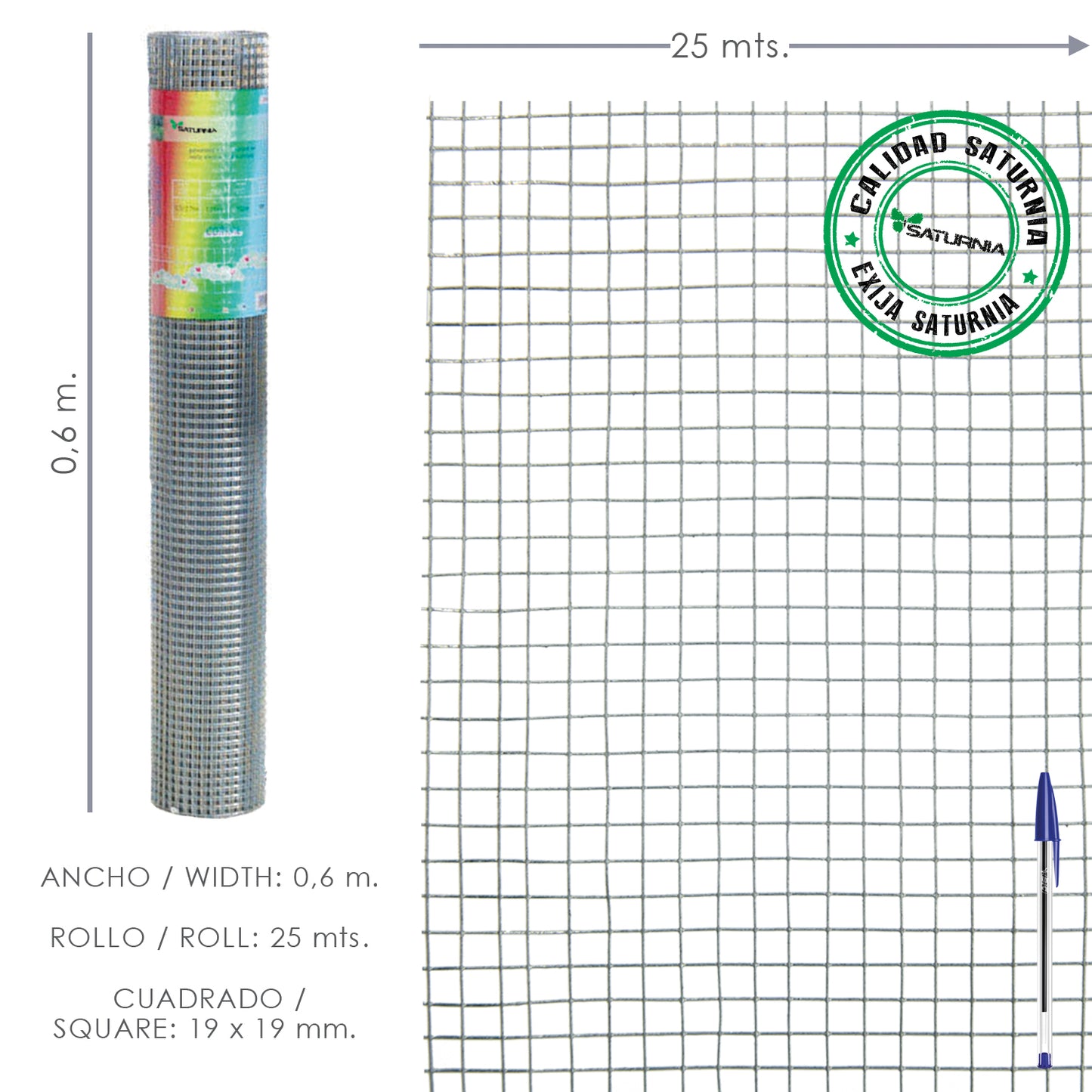 Malla Electrosoldada Galvanizada uso domestico.<br />- Medidas: <br />                         > TamaÃ±o de luces/agujero: 6x6 mm.<br />                         > Altura: 100 cm.<br />                         > Rollo: 25 metros lineales.<br /><br />- Esta