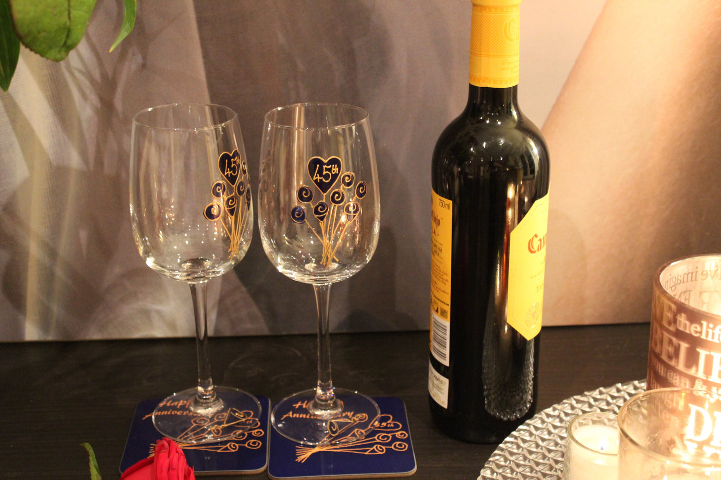 Personalised 45th Wedding Anniversary Wine Glasses & Coaster Gift Set Flower