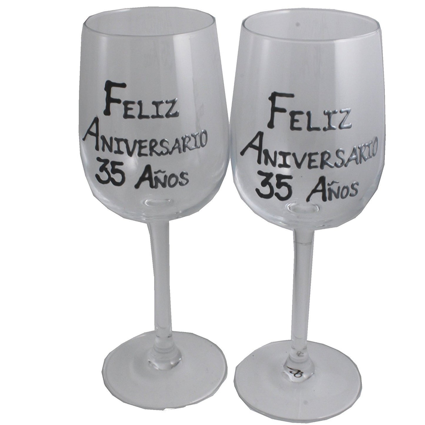 Un par de Copas de Vino Feliz Aniversario 35 Aí±os - 35th Wedding Anniversary Pair of Wine Glasses (Blk/Sil)