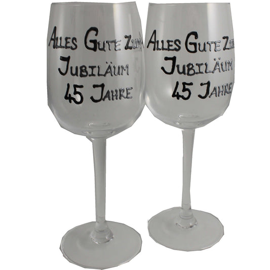 45 Jahre Alles Gute Zum Jubilí_um Paar Weinglí_ser - 45th Wedding Anniversary Pair of Wine Glasses (Blk/Sil)