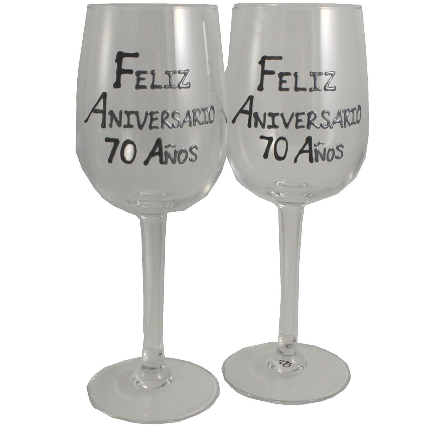 Un par de Copas de Vino Feliz Aniversario 70 Aí±os - 70th Wedding Anniversary Pair of Wine Glasses (Blk/Sil)