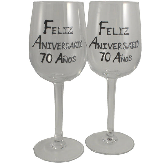 Un par de Copas de Vino Feliz Aniversario 70 Aí±os - 70th Wedding Anniversary Pair of Wine Glasses (Blk/Sil)