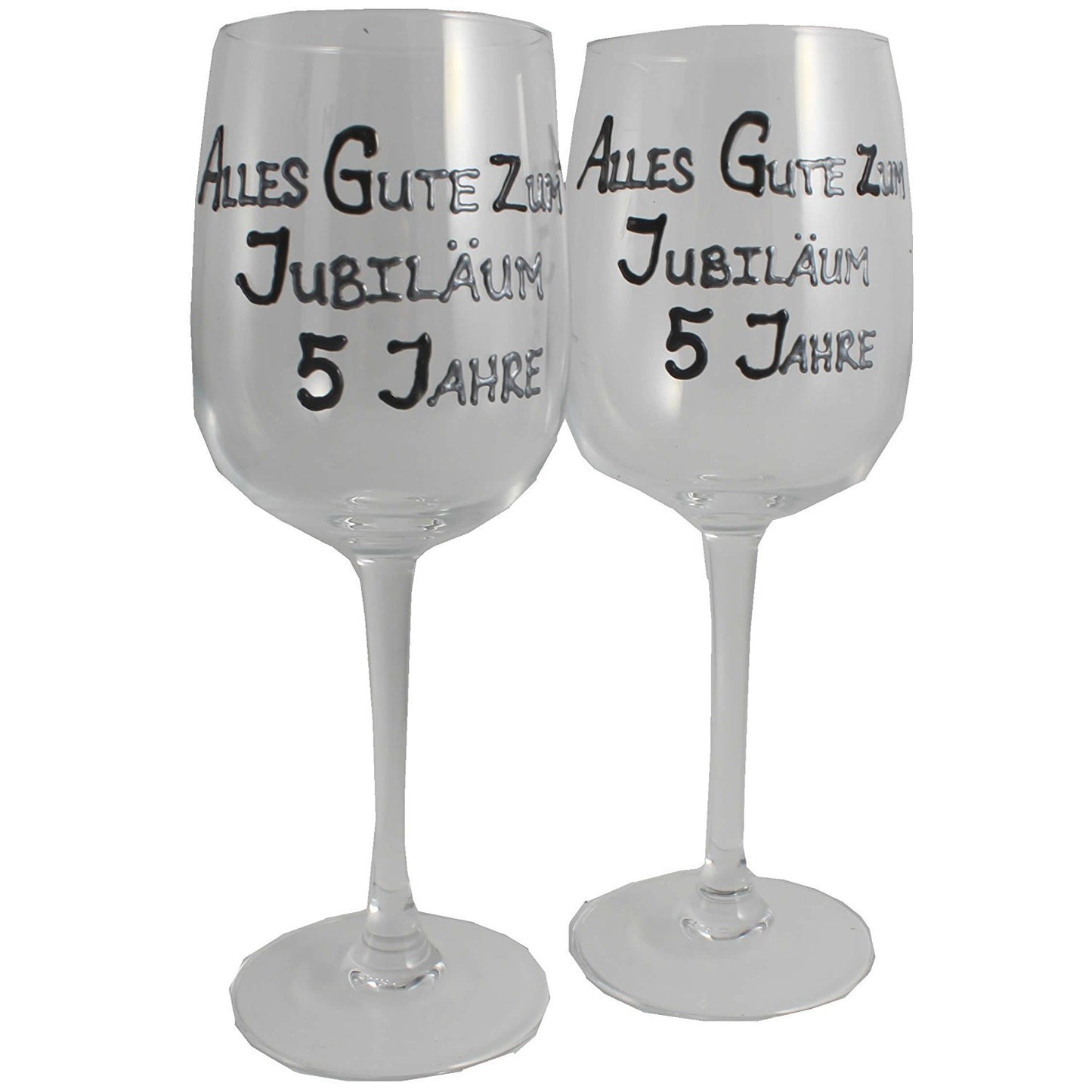 5 Jahre Alles Gute Zum Jubilí_um Paar Weinglí_ser - 5th Wedding Anniversary Pair of Wine Glasses (Blk/Sil)