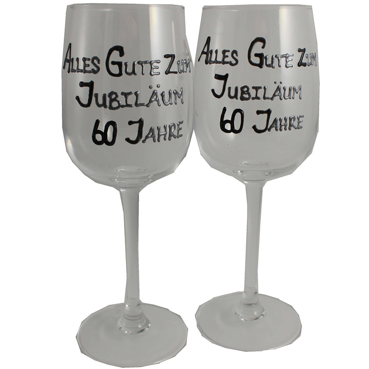 60 Jahre Alles Gute Zum Jubilí_um Paar Weinglí_ser - 60th Wedding Anniversary Pair of Wine Glasses (Blk/Sil)
