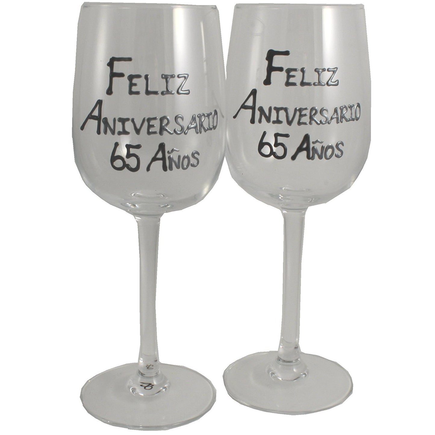 Un par de Copas de Vino Feliz Aniversario 65 Aí±os - 65th Wedding Anniversary Pair of Wine Glasses (Blk/Sil)