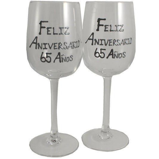 Un par de Copas de Vino Feliz Aniversario 65 Aí±os - 65th Wedding Anniversary Pair of Wine Glasses (Blk/Sil)
