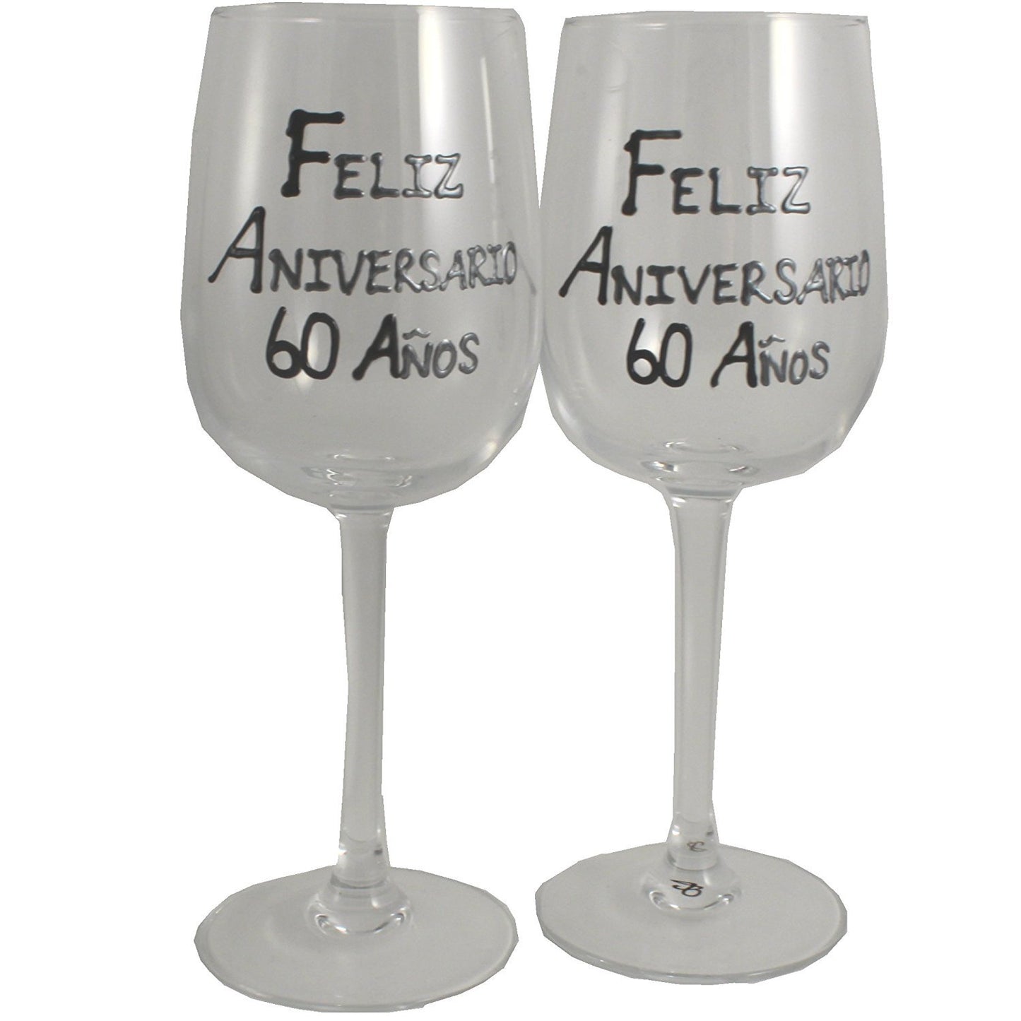 Un par de Copas de Vino Feliz Aniversario 60 Aí±os - 60th Wedding Anniversary Pair of Wine Glasses (Blk/Sil)