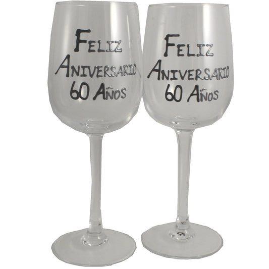 Un par de Copas de Vino Feliz Aniversario 60 Aí±os - 60th Wedding Anniversary Pair of Wine Glasses (Blk/Sil)