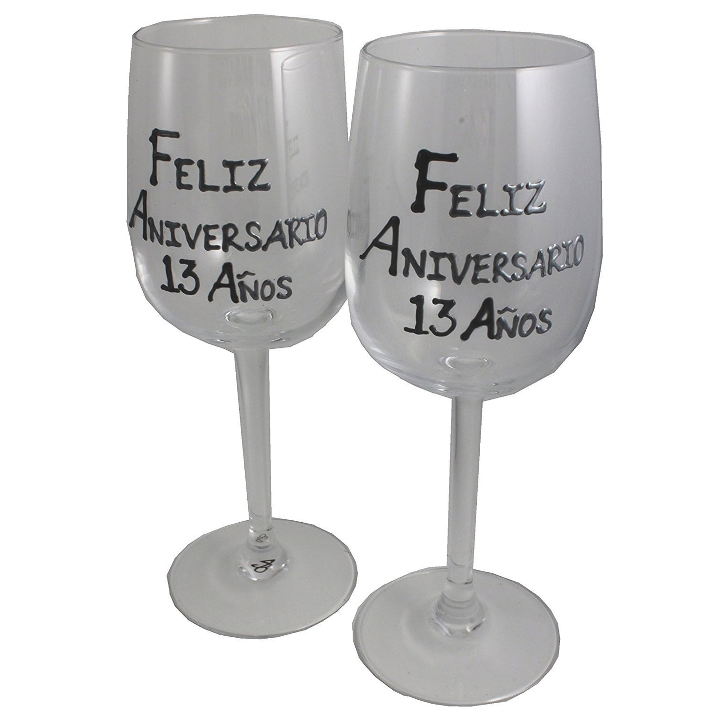 Un par de Copas de Vino Feliz Aniversario 13 Aí±os - 13th Wedding Anniversary Pair of Wine Glasses (Blk/Sil)