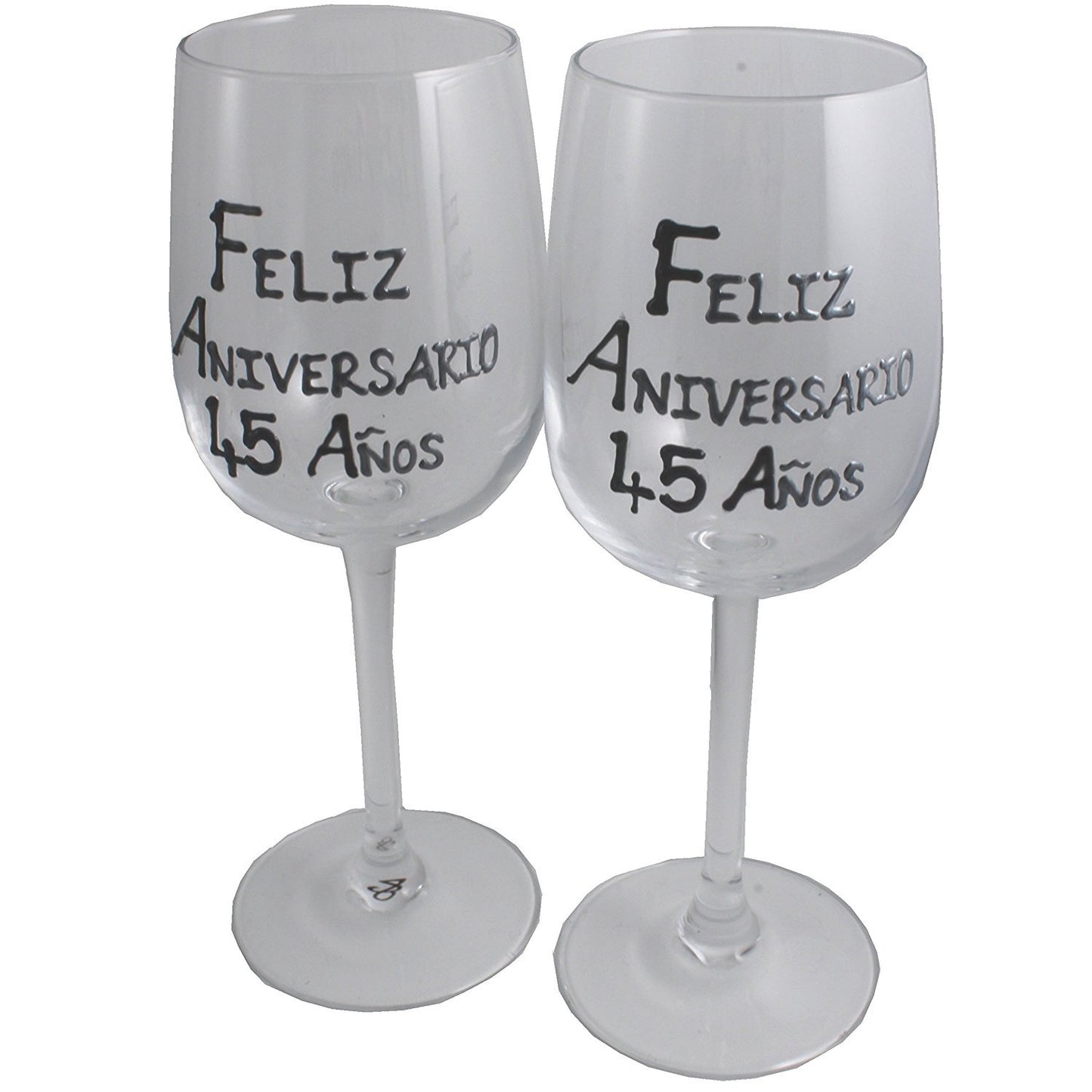 Un par de Copas de Vino Feliz Aniversario 45 Aí±os - 45th Wedding Anniversary Pair of Wine Glasses (Blk/Sil)