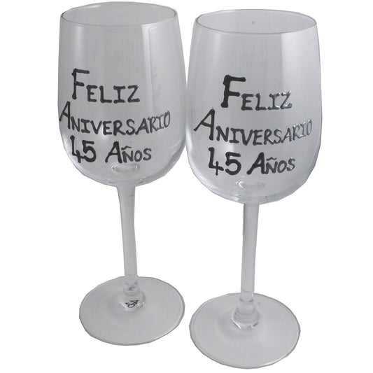Un par de Copas de Vino Feliz Aniversario 45 Aí±os - 45th Wedding Anniversary Pair of Wine Glasses (Blk/Sil)