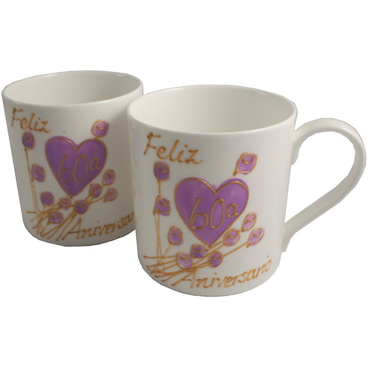 Par de China Tazas Feliz Aniversario 60 Aí±os - 60th Wedding Anniversary Pair of China Mugs  (Flower)