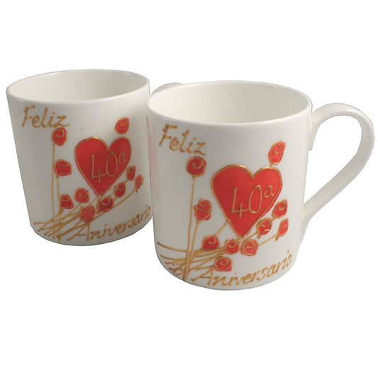 Par de China Tazas Feliz Aniversario 40 Aí±os - 40th Wedding Anniversary Pair of China Mugs  (Flower)