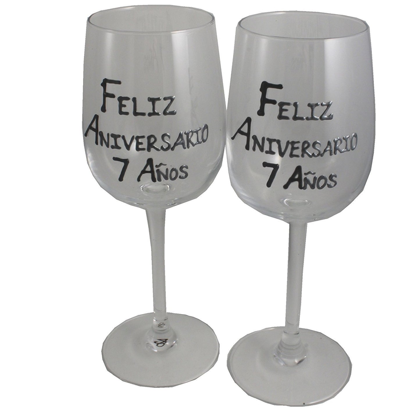 Un par de Copas de Vino Feliz Aniversario 7 Aí±os - 7th Wedding Anniversary Pair of Wine Glasses (Blk/Sil)