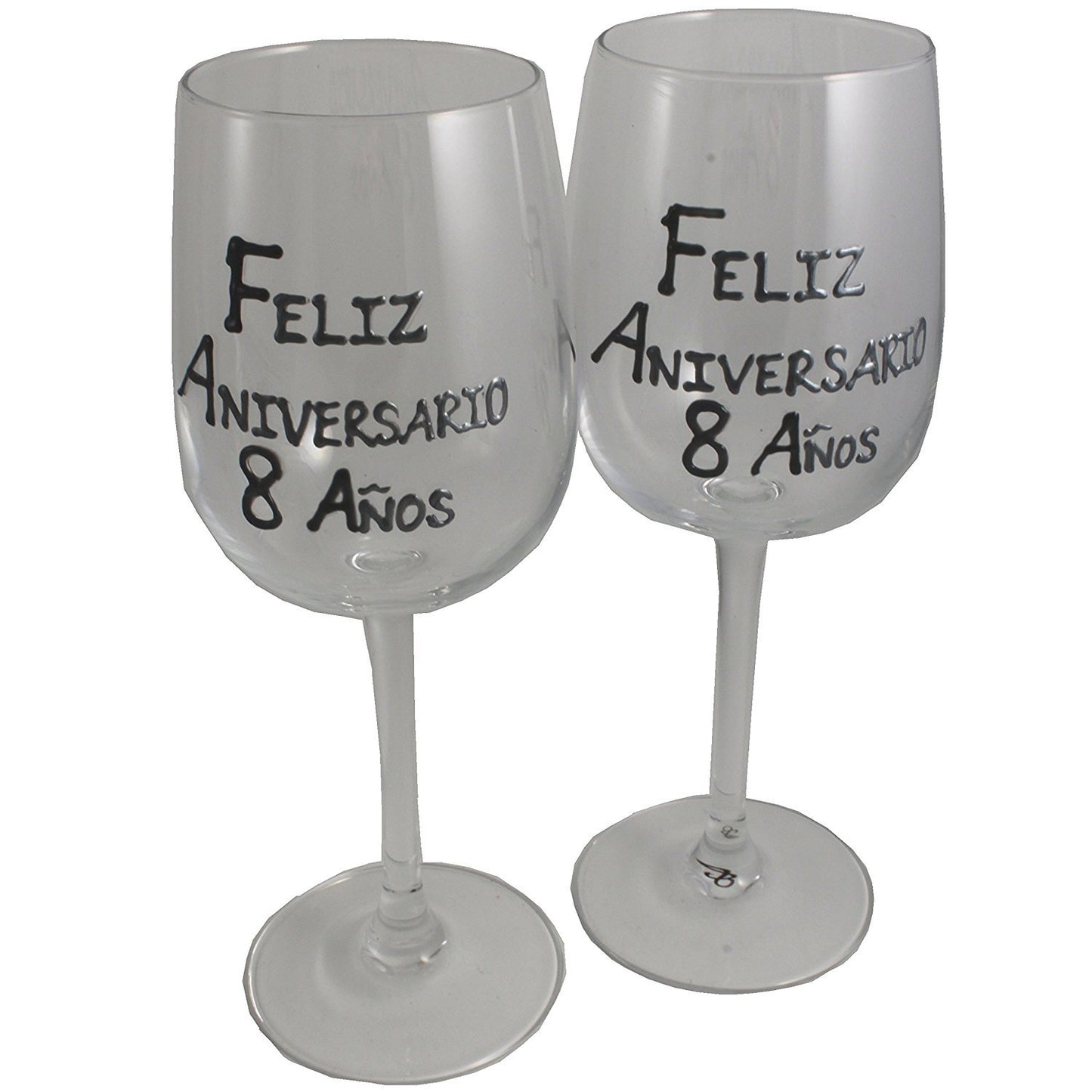 Un par de Copas de Vino Feliz Aniversario 8 Aí±os - 8th Wedding Anniversary Pair of Wine Glasses (Blk/Sil)