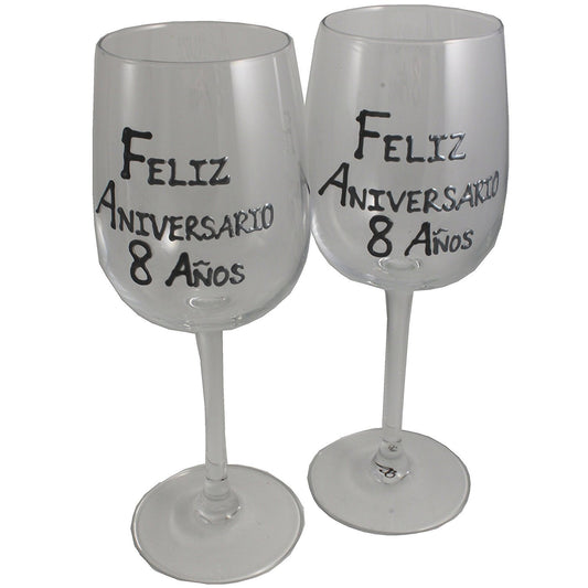 Un par de Copas de Vino Feliz Aniversario 8 Aí±os - 8th Wedding Anniversary Pair of Wine Glasses (Blk/Sil)